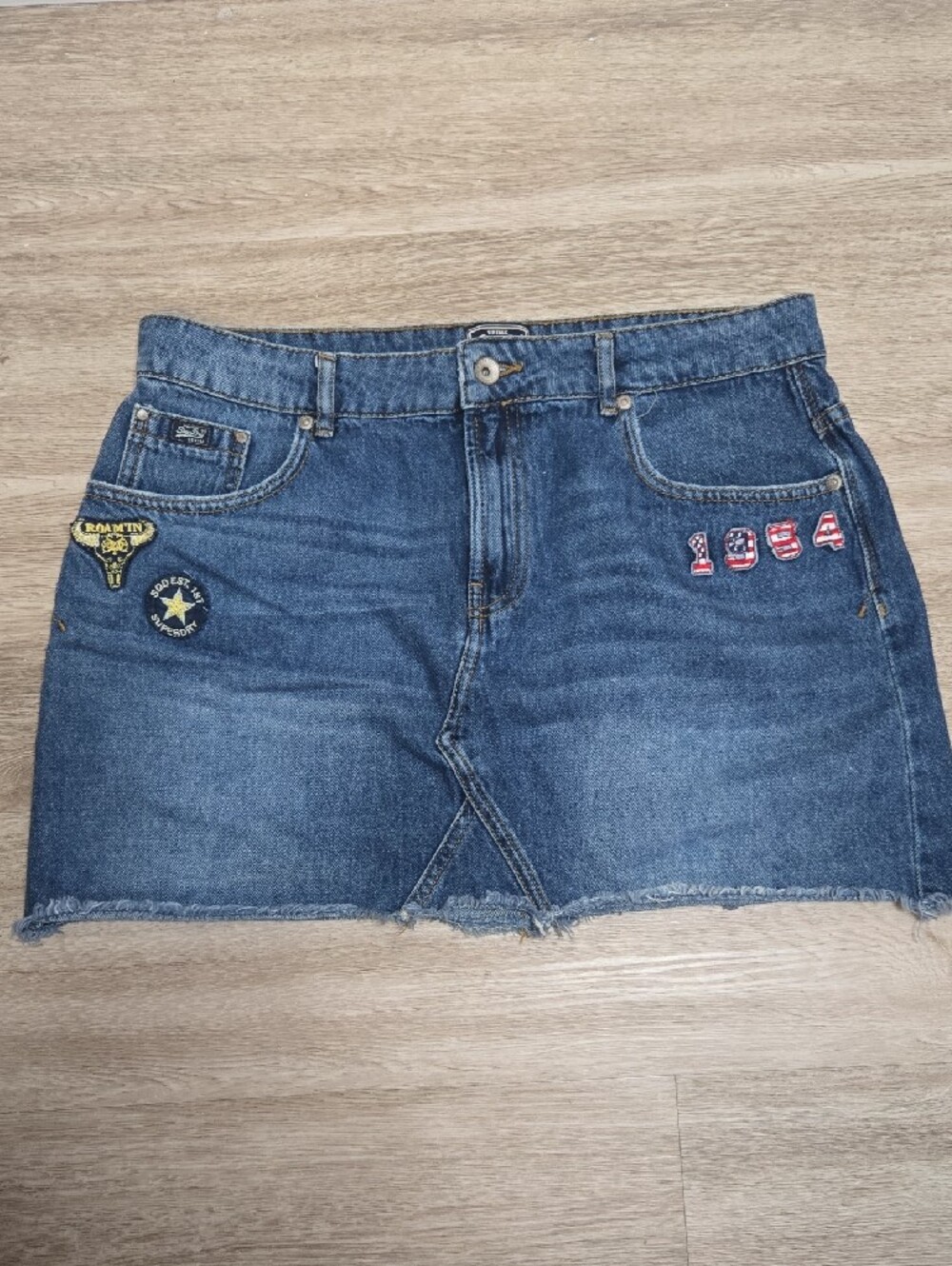 Superdry Vintage Denim Mini Skirt USA Patch Raw Hem Y2K Size L